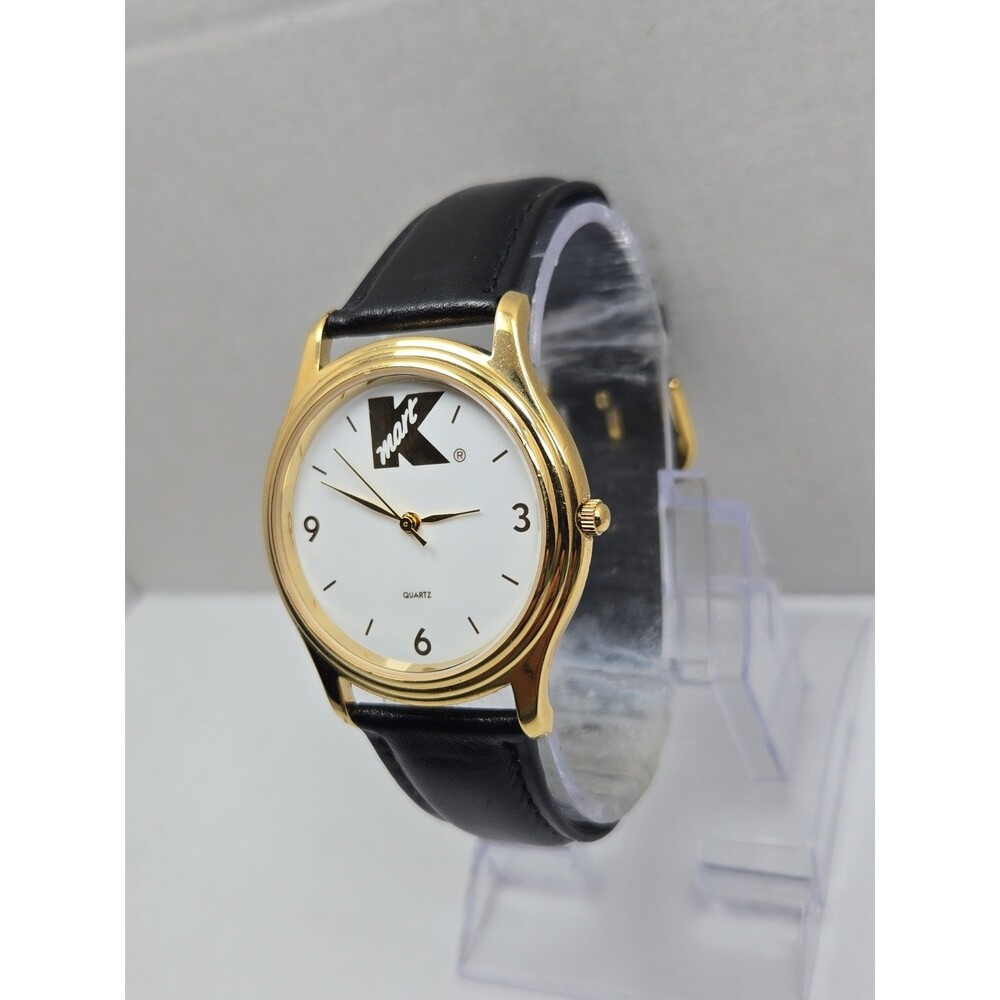 Vintage Kmart Logo Quartz Watch Y121 Gold Tone White Dial Black Band New Battery - Picture 2 of 12